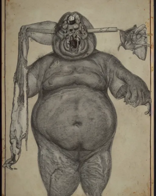 Image similar to highly detailed horror portrait of a morbid obese maked heavy butcher with meat cleaver in dark forest, evil aura