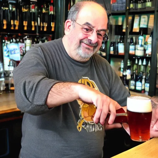 Image similar to salman rushdie pouring pints at his local