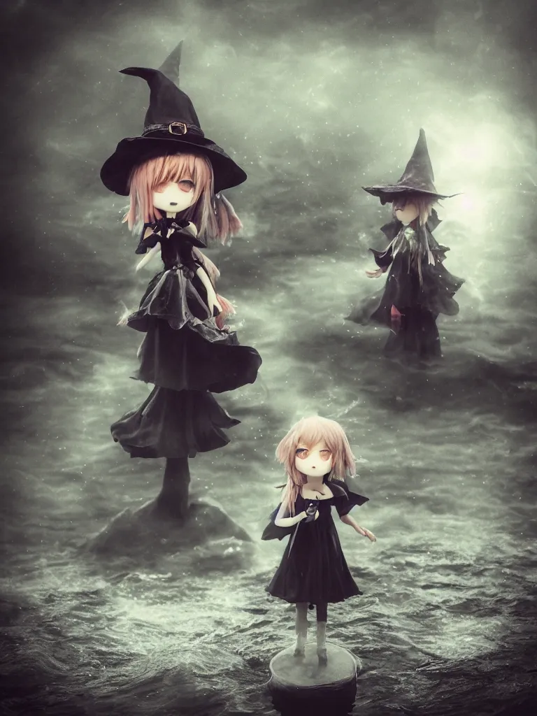 Image similar to cute fumo plush girl witch standing in reflective murky river water, otherworldly gothic horror maiden in tattered cloth, hazy heavy swirling volumetric fog and smoke, moonglow, lens flare, vray