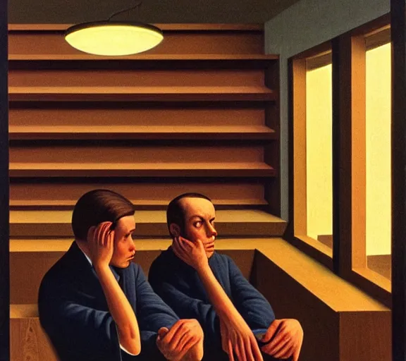 Prompt: Paranoid Young Men are Trapped in a Midcentury Modern Library, art by George Tooker and Edward Hopper, existentialism