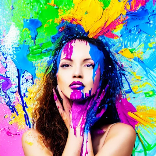 Image similar to potrait of a female model get splash with paint liquid , commercial ads