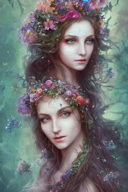 Prompt: a portrait of a beautiful elvish goddess with flowers in her hairs , hd, 4k, 8k, highly detailed, sharp, ethereal, astral environment in style of Anna Dittmann and Mark Arial and Artgerm