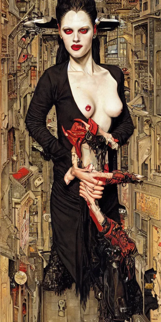 Image similar to portrait of an urban female vampire, with an unusual sense of fashion, by donato giancola and norman rockwell.