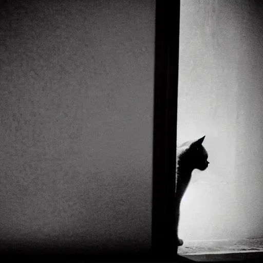 Image similar to depiction of the feeling of hopelessness, worthlessness, loneliness, of a cat, sad, frightening, depressing, miserable, stunning, intelligent, stark, vivid, sharp, crisp, ultra ambient occlusion, reflective, universal shadowing, 3 5 mm, ( 2 0 8 6 ) scary horror film still, extremely atmospheric lighting.