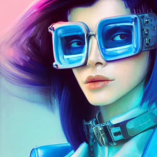 Image similar to very detailed masterpiece closeup painting of a very beautiful young mexican cyberpunk woman with light blue shutter shades, one side haircut, dark purple hair, purple leather jacket, beauty mark on cheek, portrait, synthwave background, artstation, concept art by greg rutkowski