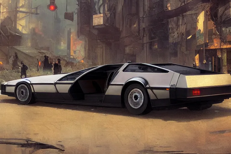 Image similar to photograph of the delorean, with a sleek spoiler, driving down the streets of a cyberpunk abandoned city, by greg rutkowski, by stanley artgerm, by alphonse mucha