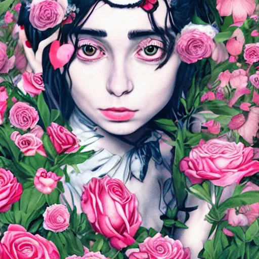 Prompt: Alice in Wonderland at the tea party, she looks like a mix of grimes, Aurora Aksnes and zoë Kravitz, sweet and innocent, surrounded by red and white roses, digital illustration, inspired by Aeon Flux and Japanese shoujo manga, hyper detailed, dreamlike, incredibly ethereal, super photorealistic, muted and pastel shades, extremely fine inking lines