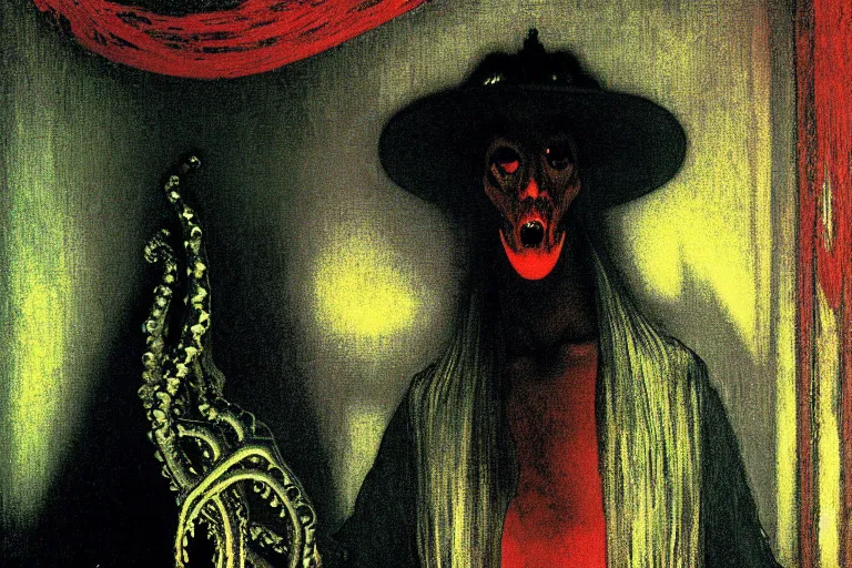 Prompt: extremely detailed movie shot closeup portrait of a dark bizarre figure standing in the corner of a checkerboard checkerboard room by denis villenueve, arnold bocklin, lovecraft, amano, alphonse mucha, franz von stuck, tentacles, dynamic composition, rich moody colours, red drapes, 4 k details
