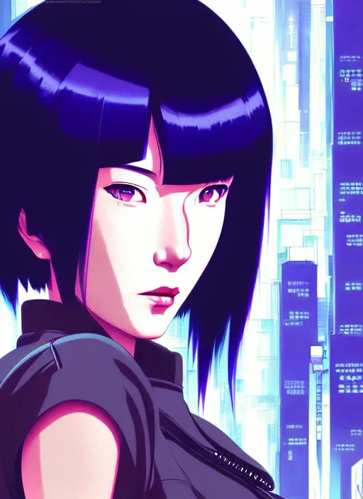 Image similar to a film still portrait of a motoko kusanagi ghost in the shell, finely detailed features, closeup at the faces, perfect art, at a cyberpunk city, gapmoe yandere grimdark, trending on pixiv fanbox, by ilya kuvshinov, rossdraws, artgerm