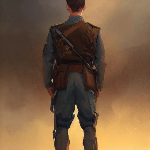 Image similar to Young man with brown hair and blue eyes, full body, wearing a military uniform, standing at attention, by Greg Rutkowski, painting, trending on artstation