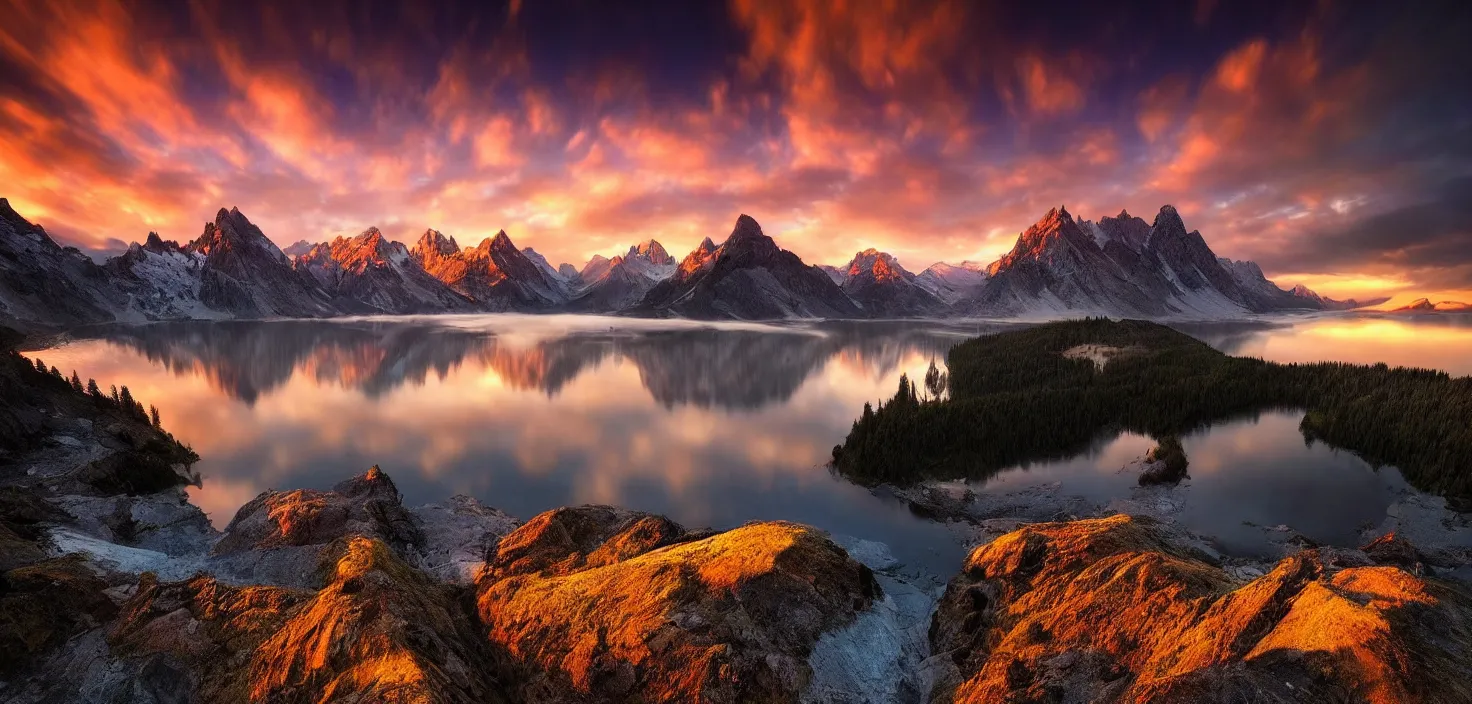 Image similar to amazing landscape photo of mountains with lake in sunset by marc adamus, beautiful dramatic lighting