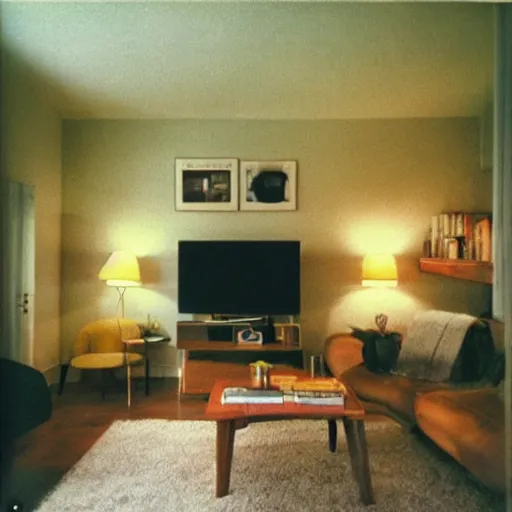 Image similar to a living room in 1982 A square CRT TV is on, with Netflix on the screen!!!!! The only light in the room is the light from TV. Polaroid photograph