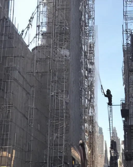 Prompt: a gigantic 500 foot tall white marble statue of Gal Gadot as Wonder Woman surrounded in scaffolding in downtown NYC