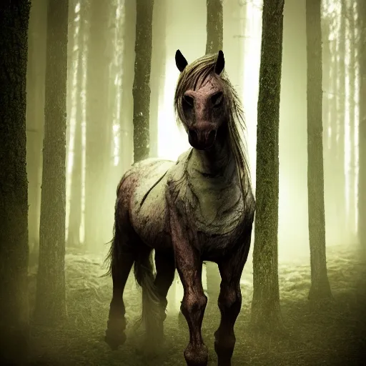 Image similar to werecreature consisting of a horse and a human, featured on artstation, photograph captured in a dark forest