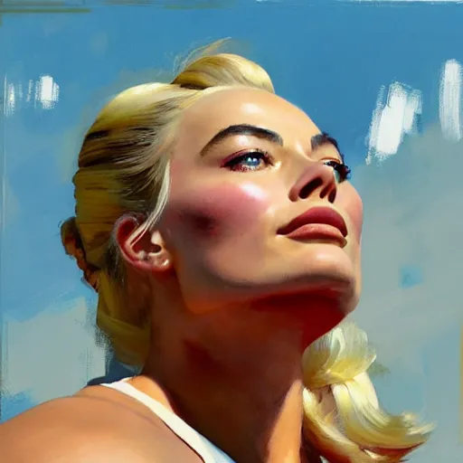 Image similar to greg manchess portrait of margot robbie as thick very muscular weightlifter with twintails and blondehair, eyes closed, medium shot, asymmetrical, profile picture, organic painting, sunny day, matte painting, bold shapes, hard edges, street art, trending on artstation, by huang guangjian and gil elvgren and sachin teng