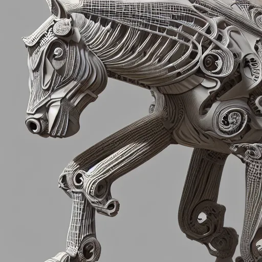 Image similar to biomechanical horse made of marble, fractal 3 d structure, intricate details, octane render