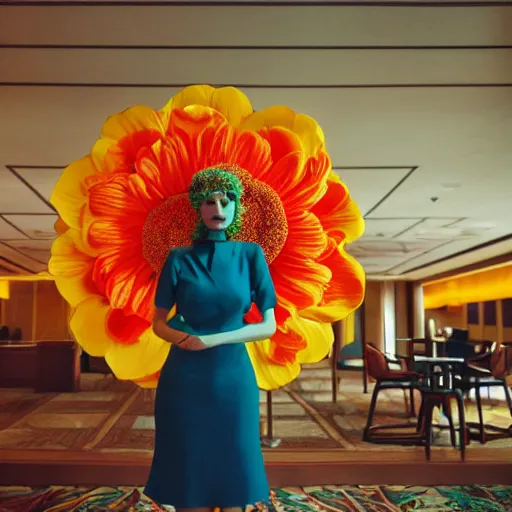 Image similar to giant flower head, frontal, girl standing in mid century hotel, surreal, symmetry, bright colors, cinematic, wes anderson