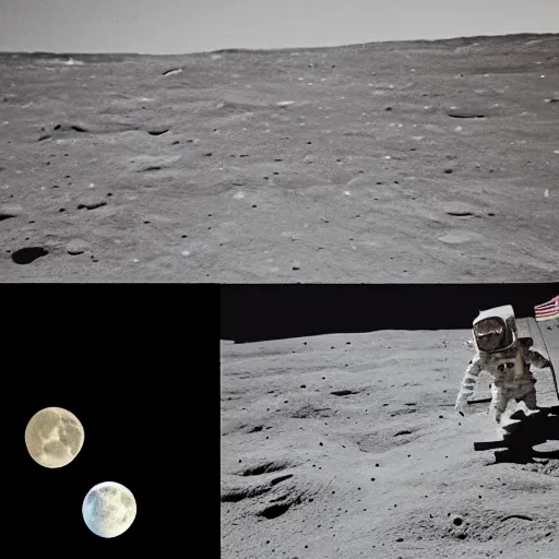 Image similar to old photo of a muppet on the moon, ( ( usa flag ) ), next to moon lander