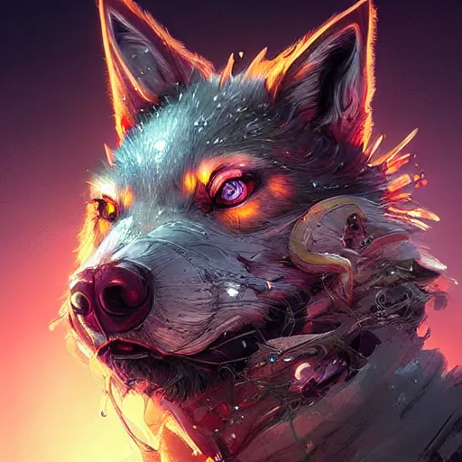 Image similar to a beautiful portrait of a cute mad biopunk wolf. intricate, epic lighting, cinematic composition, hyper realistic, 8 k resolution, unreal engine 5, by artgerm, tooth wu, dan mumford, beeple, wlop, rossdraws, james jean, marc simonetti, artstation