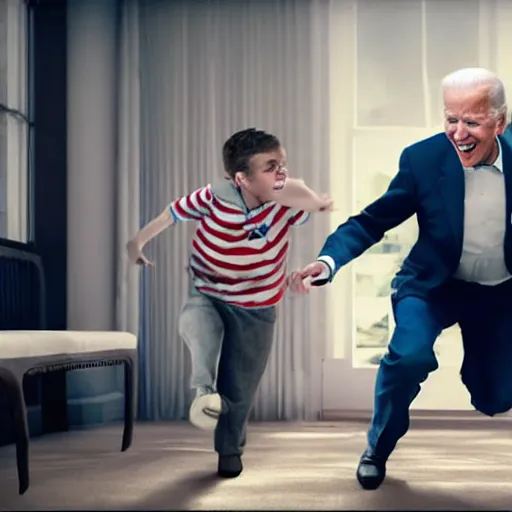 Image similar to joe biden chasing a child in the backrooms, hyper - realistic, 4 k, octane - render, realistic.