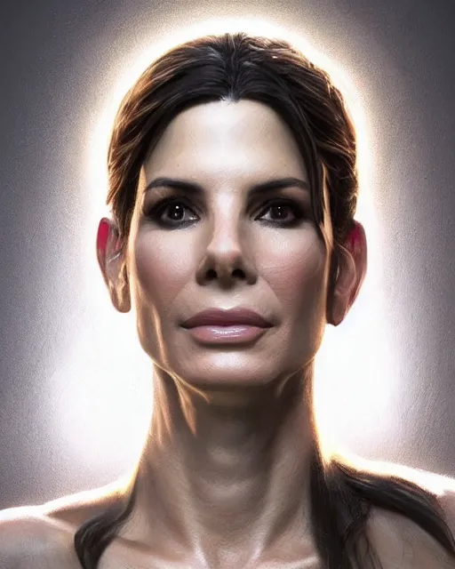 Image similar to painterly portrait, Sandra Bullock, fantasy, pascal blanch:7, james gurney:7, unreal engine:-1, cinematic light:7, 4k octane render:-1, trending on artstation:7, pinterest, full face, symmetrical face, volumetric lighting, deviantart