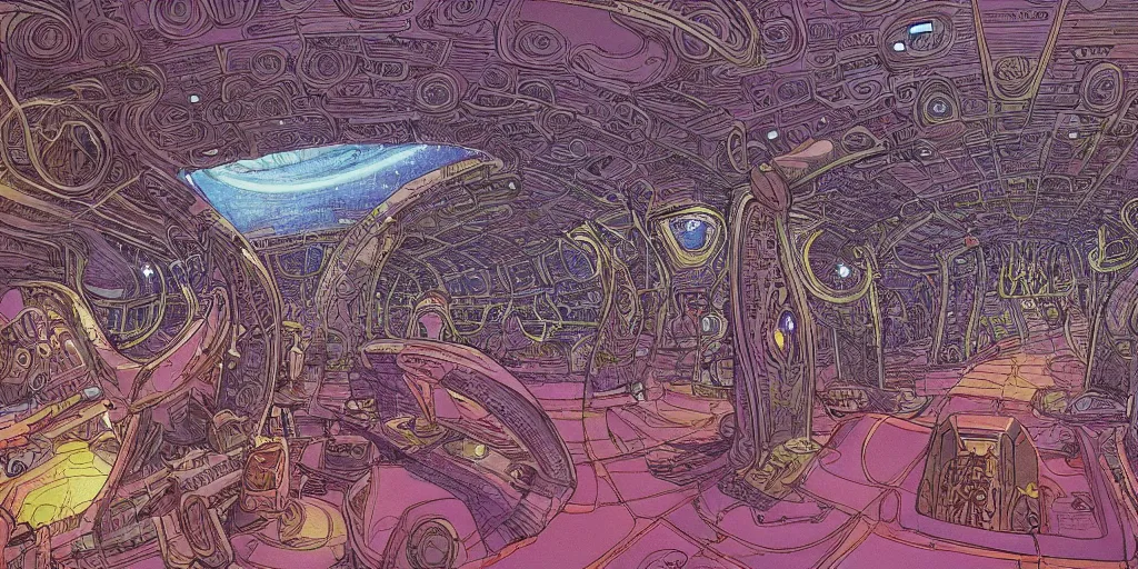 Prompt: cinematic shot of the interior of a crystalline sci-fi spaceship made with ornate elven architecture and highly advanced technology, extremely detailed, intricate linework, style of Jean Giraud Moebius comic art