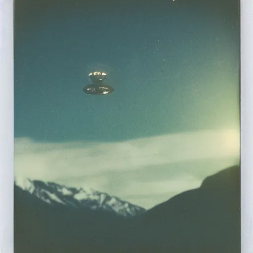 Image similar to a ufo flying over a distant mountain at night, historical photo, old polaroid, expired film,