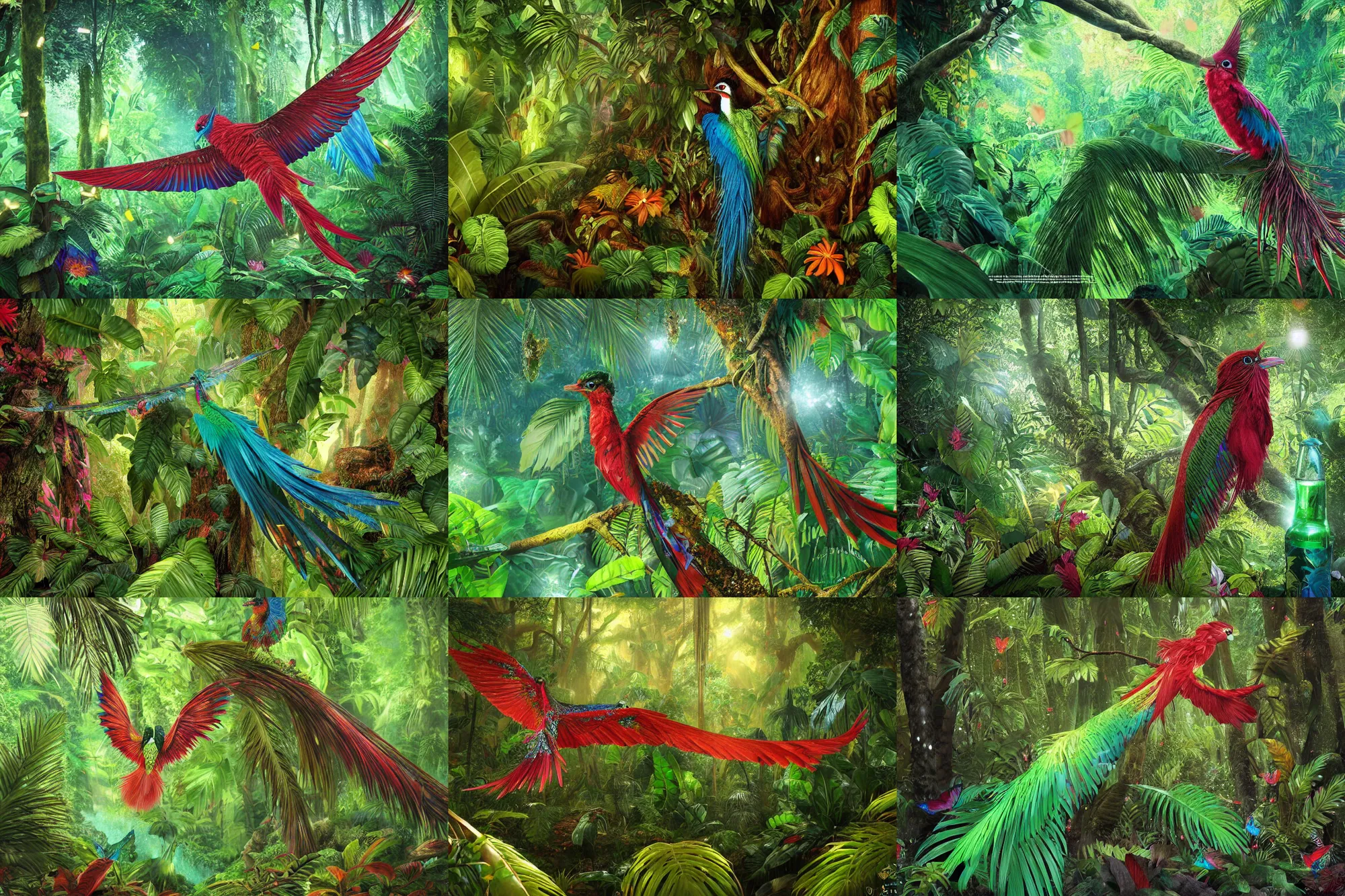 Prompt: resplendent quetzal in a forest with tropical leaves, butterflies, sparkling water, glistening, hyper realistic, hyper detailed, digital art, trending in artstation, cinematic lighting, studio quality, smooth render, unreal engine 5 rendered, octane rendered, art style by klimt and nixeu and ian sprigger and wlop and krenz cushart