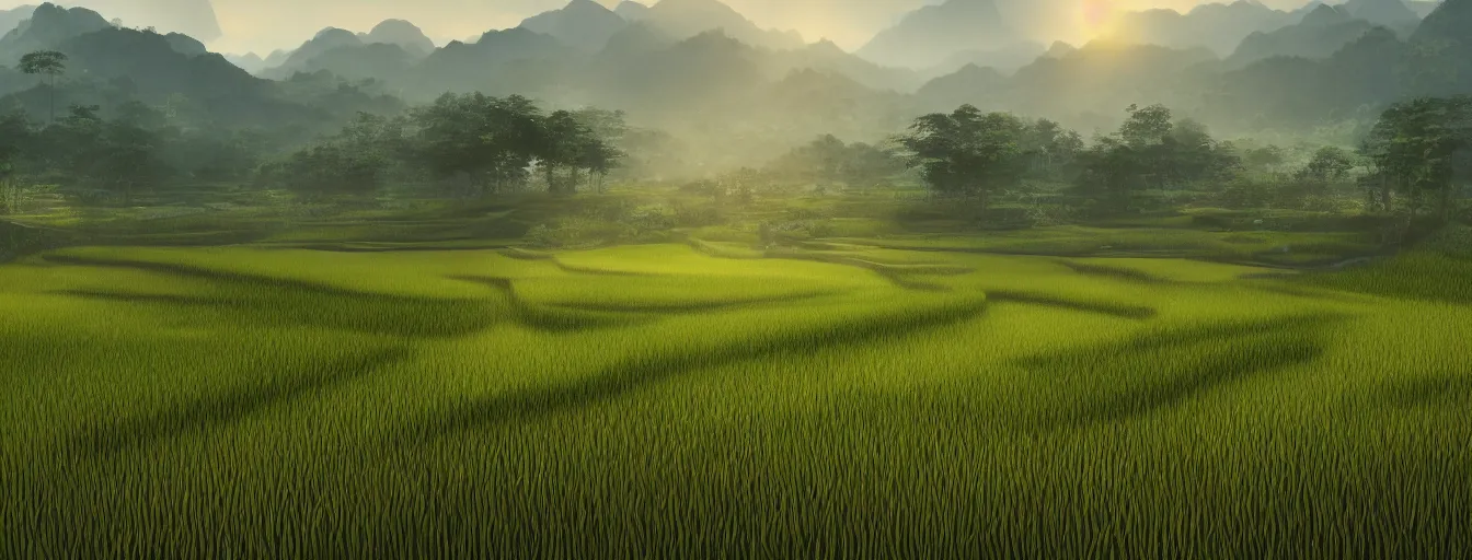 Image similar to Photo of paddy field of Yan, with several village and gunung jerai mountain at the background, wide angle, volumetric light, hyperdetailed, light water, artstation, cgsociety, 8k