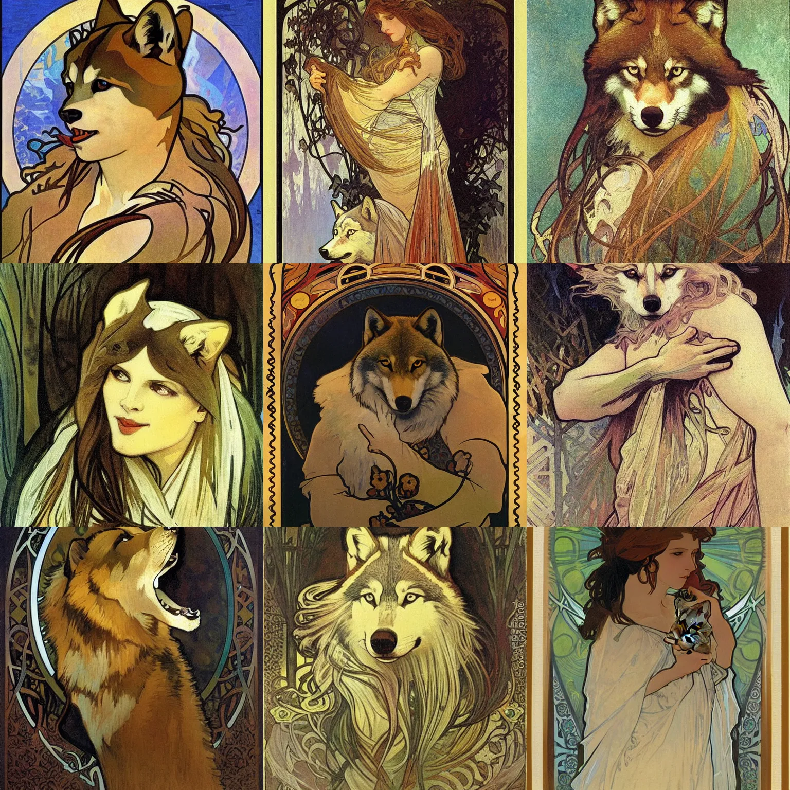 Prompt: an animal portrait of a wolf by alphonse mucha, wolf painting