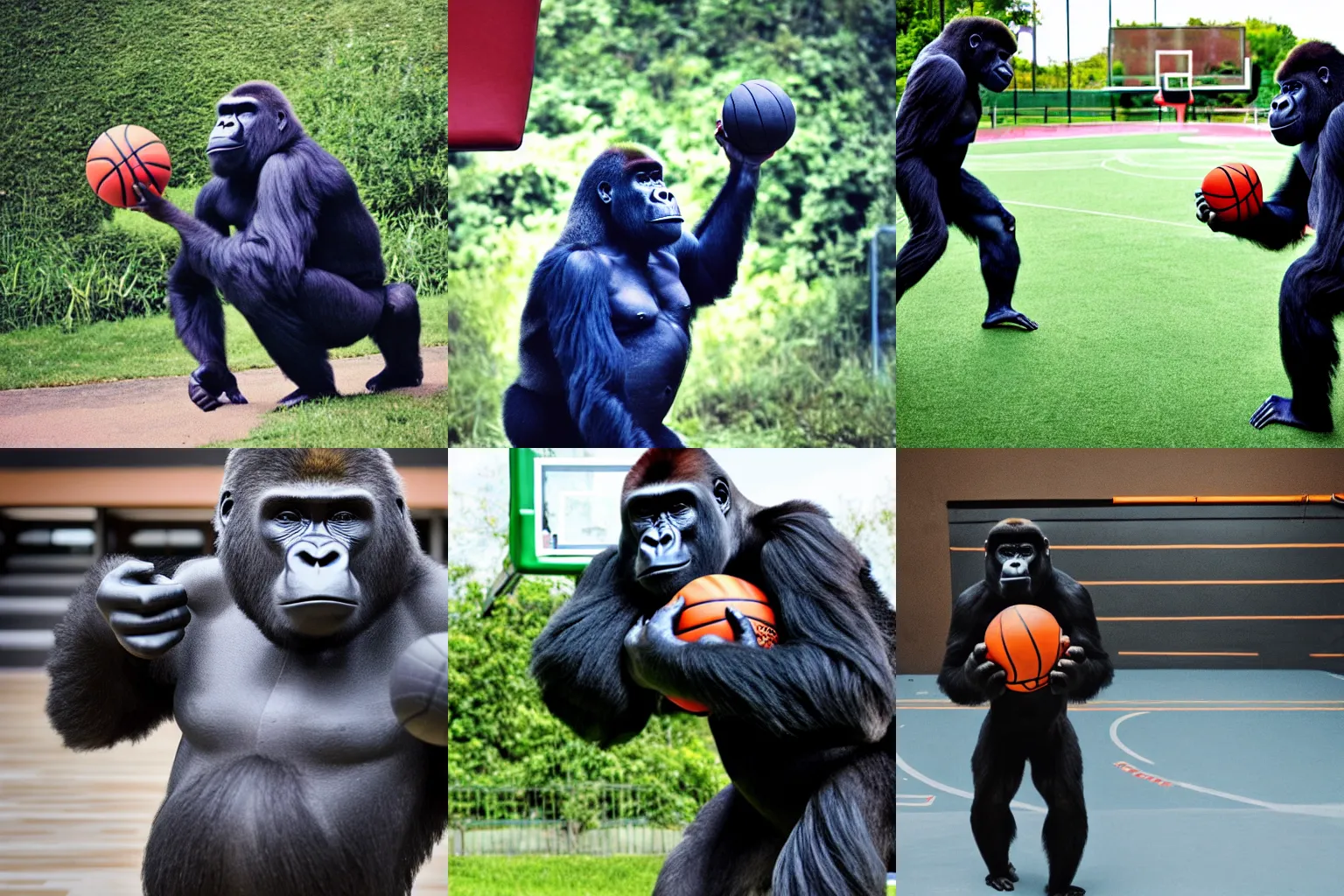 Prompt: gorilla holding a basketball on a basketball court