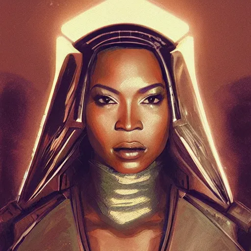 Image similar to star wars jedi Beyonce profile picture by Greg Rutkowski, intricate details, dynamic portrait, futuristic, volumetric lights, streetwear, studio ghibli, Organic Painting , Matte Painting, geometric shapes, hard edges, trending on the artstation, fantasy LUT, realistic by Sachin Teng + Martin Grip + Moebius + Patrick Gleason, smooth, sharp focus, illustration, art by John Collier and Albert Aublet and Krenz Cushart and Artem Demura and Alphonse Mucha, techwear, Industrial Scifi, detailed illustration, character portrait,