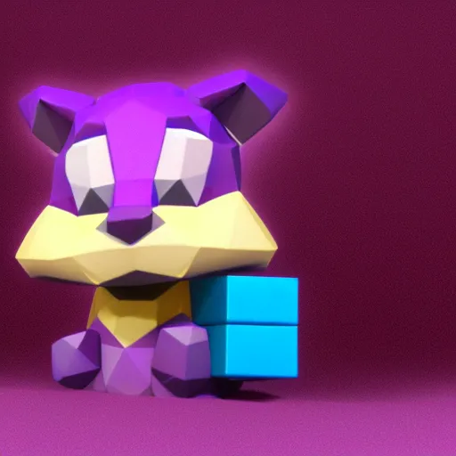 Image similar to a small purple animal with a yellow box on its head, a low poly render by miyamoto, polycount, rayonism, low poly, polycount, rendered in maya