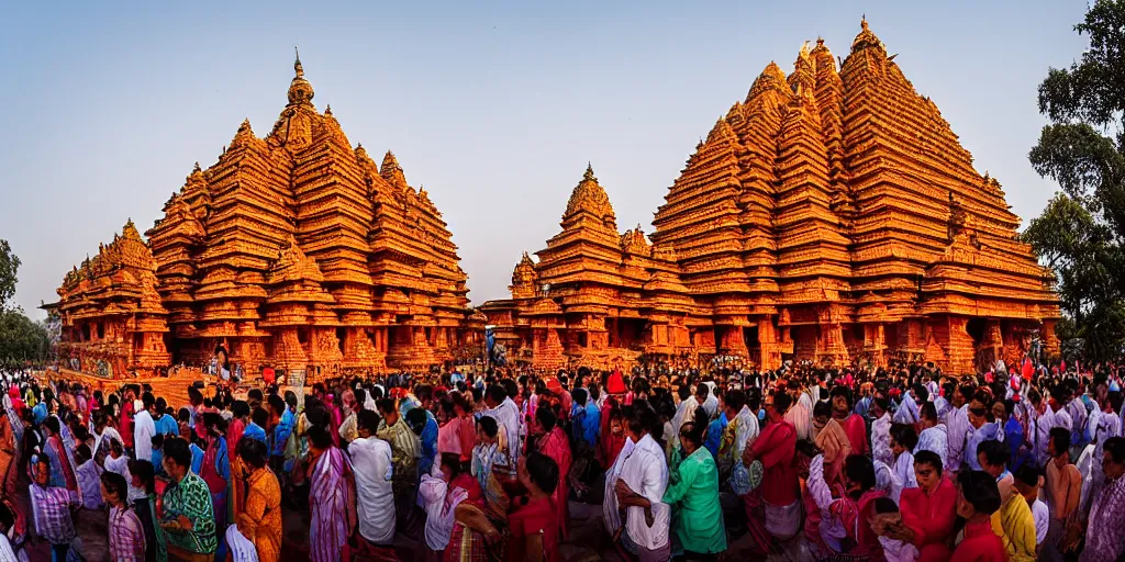 Image similar to an award winning wide angle photo of a giant and intricately carved stone Ghanesha temple, at sunset, punja ritual, crowds of humble worshipers present offerings, beautiful, inspiring