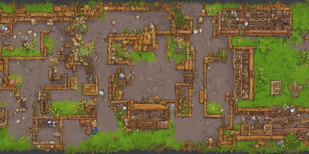 Image similar to A high detailed vector art presenting an aerial view of a RPG tavern by dungeondraft, dofus, Patreon content, containing tables and walls, HD, straight lines, vector, grid, dnd map, map patreon, fantasy maps, foundry vtt, fantasy grounds, aerial view ,dungeondraft , tabletop, inkarnate, dugeondraft, roll20