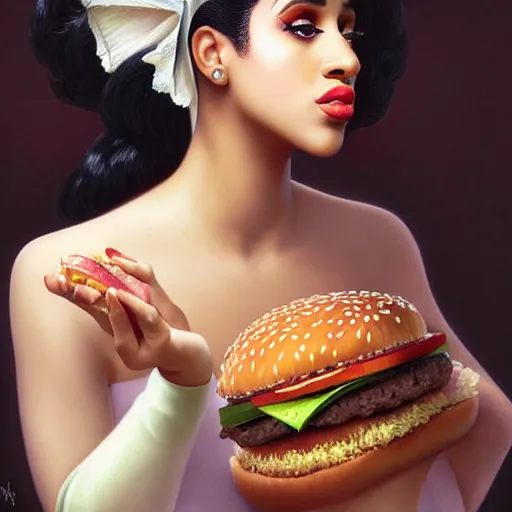 Prompt: portrait of Cardi B eating mcdonald's big mac hamburgers, extra onions and ketchup, luscious patty with sesame seeds, feminine ethereal, handsome, D&D, fantasy, intricate, elegant, highly detailed, digital painting, artstation, concept art, matte, sharp focus, illustration, art by Artgerm and Greg Rutkowski and Alphonse Mucha