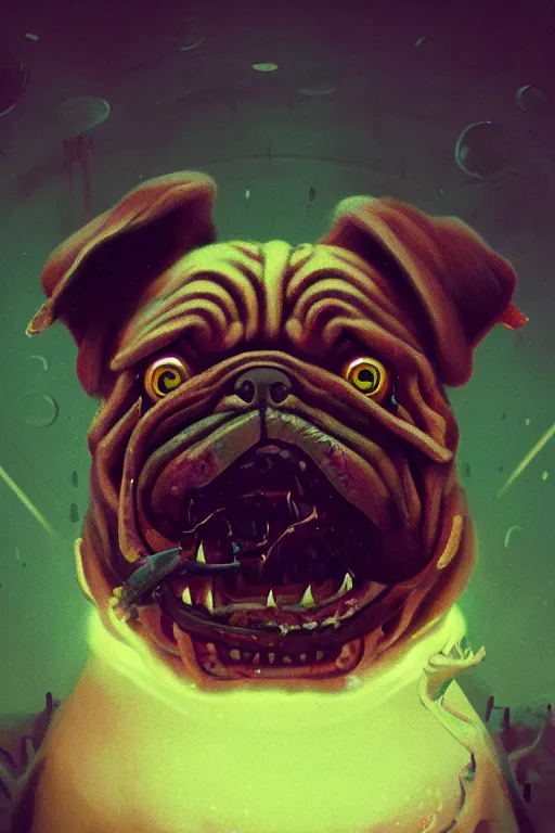 Image similar to demon pug eating flesh. art by mike winkelmann, sticker, illustration, highly detailed, artstation