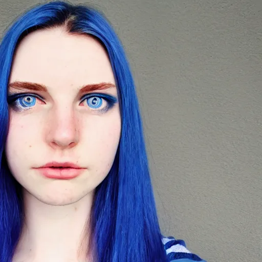 Prompt: a pale girl with wide blue eyes and blue hair, soft facial features, looking directly at the camera, neutral expression, instagram picture