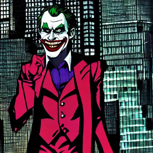 Prompt: portrait of the joker looking out at gotham city from wayne tower, 4 k, anime style, realistic, sharp focus, elegant