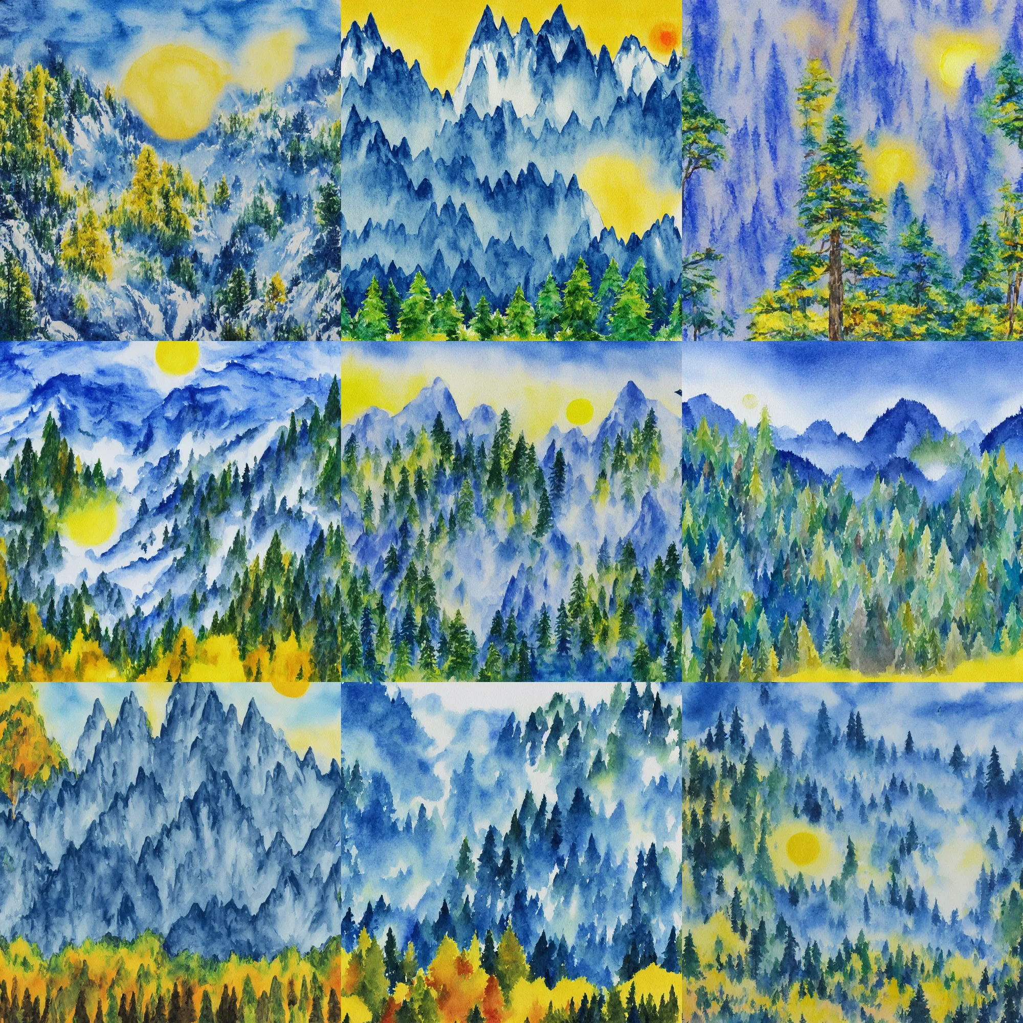 Prompt: water color painting of layered blue mountains with a white background, a bright yellow sun, and very happy trees and birds. in the style of bob ross. cold hue radiant light.