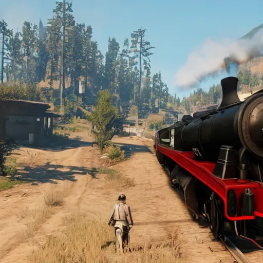 Image similar to futuristic sleek steam locomotive in red dead redemption 2