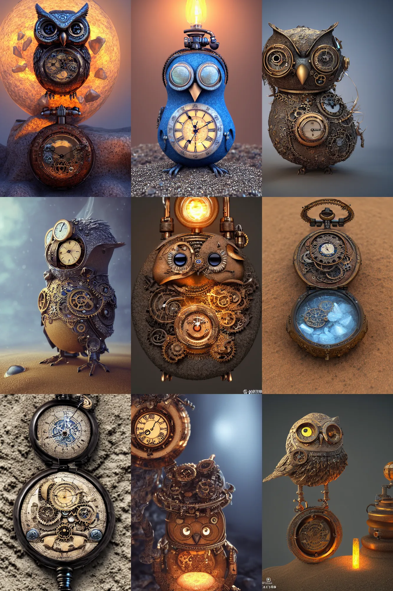 Prompt: steampunk owl pocketwatch buried in sand, intricate detail, himalayan rocksalt lamp, volumetric lighting, epic composition, hyper detailed, ultra realistic, sharp focus, octane render, volumetric, blue moon, ray tracing, artstation trending, cgsociety, sense of awe, swirling mist, 4 k