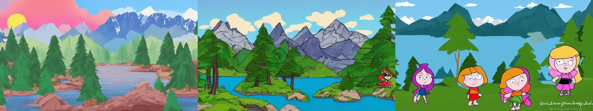 Prompt: mountains, trees, and lake, in the style of powerpuff girls