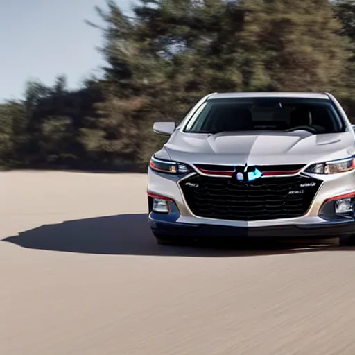 Prompt: a 2019 Chevy Malibu, wrapped in american flag colors