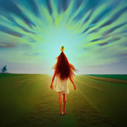 Image similar to closeup big dahlia flower under head, a girl walking between dunes, surreal photography, sunrise, blue sky, dramatic light, impressionist painting, digital painting, artstation, simon stalenhag