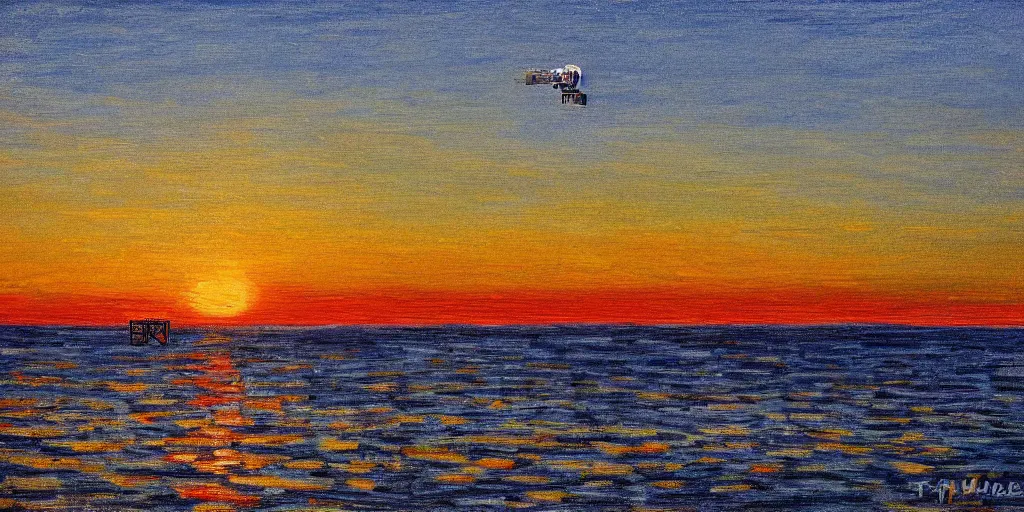 Image similar to Landing of a Falcon 9 booster in the style of Monet, sunset, landing legs deployed, SpaceX