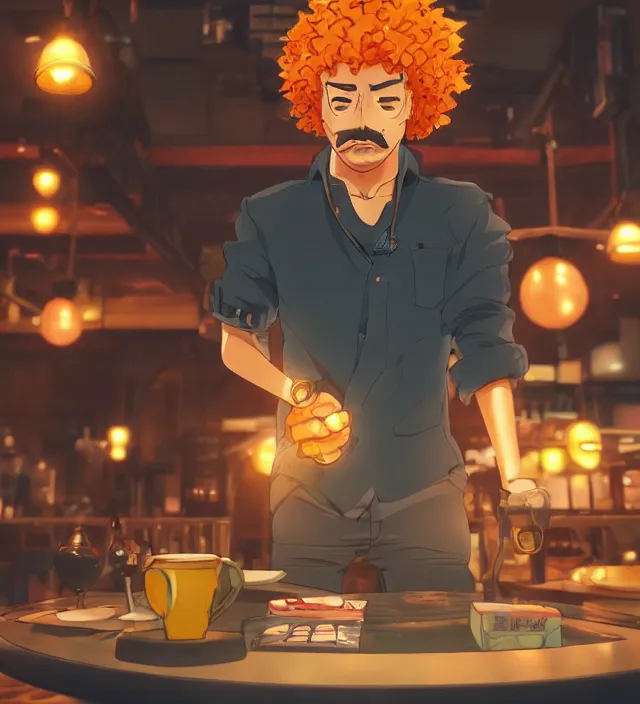 Image similar to close - up anime still of ( ( charming!!!!! latino middle - aged anime protagonist with curly afro and moustache!!! tilting his head charmingly ) late night in an anime bar, cozy lights, detailed orange atmosphere. cinematic rim lighting, global illumination, trending on artstation, hypdertailed, perfect shading, dreamy, masterpiece