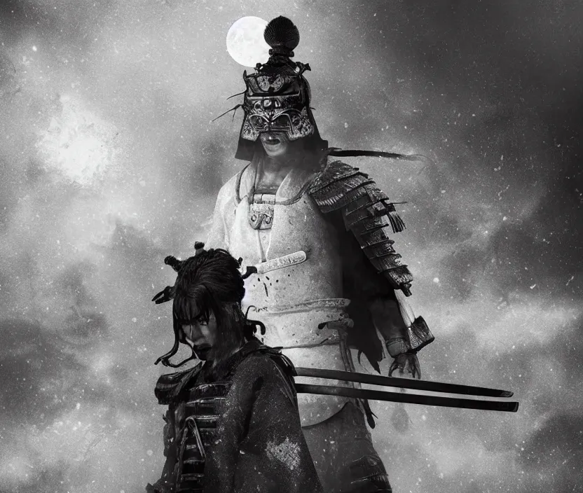 Image similar to '2d design graphic a samurai in the night ,big white moon background , gloomy and foggy atmosphere, octane render, horror scene, highly detailded , black and white ink '