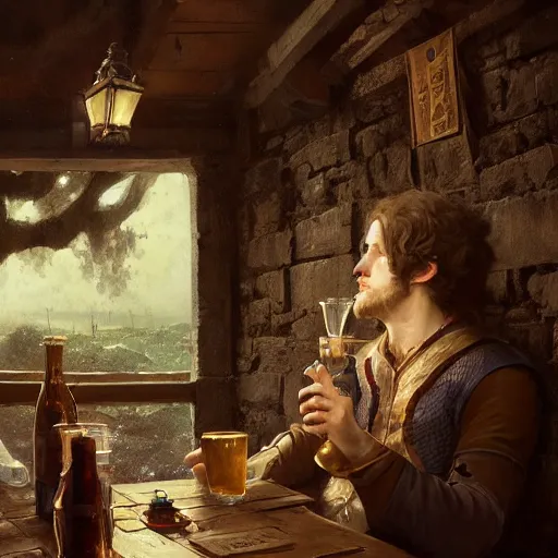 Prompt: 'portrait of a bard drinking in a tavern, art by Greg Rutkowski, 4k'