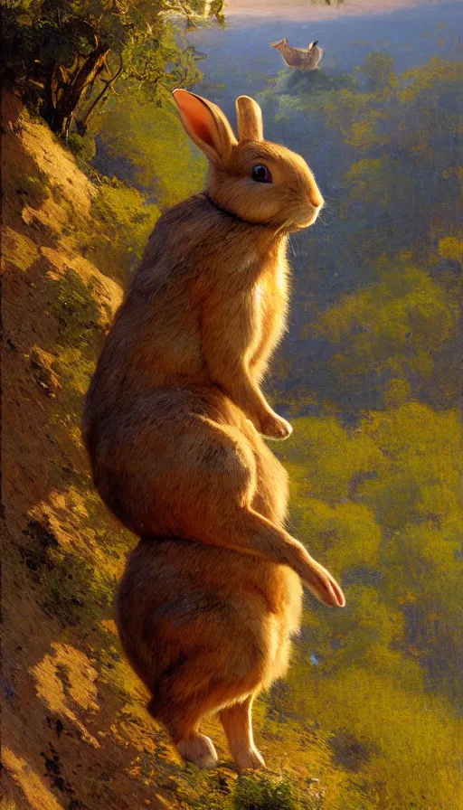 Image similar to hyper realistic rabbit looking off of a cliff, sun setting behind rabbit, lush forest in valley below, painted by gaston bussiere, craig mullins, j. c. leyendecker 8 k